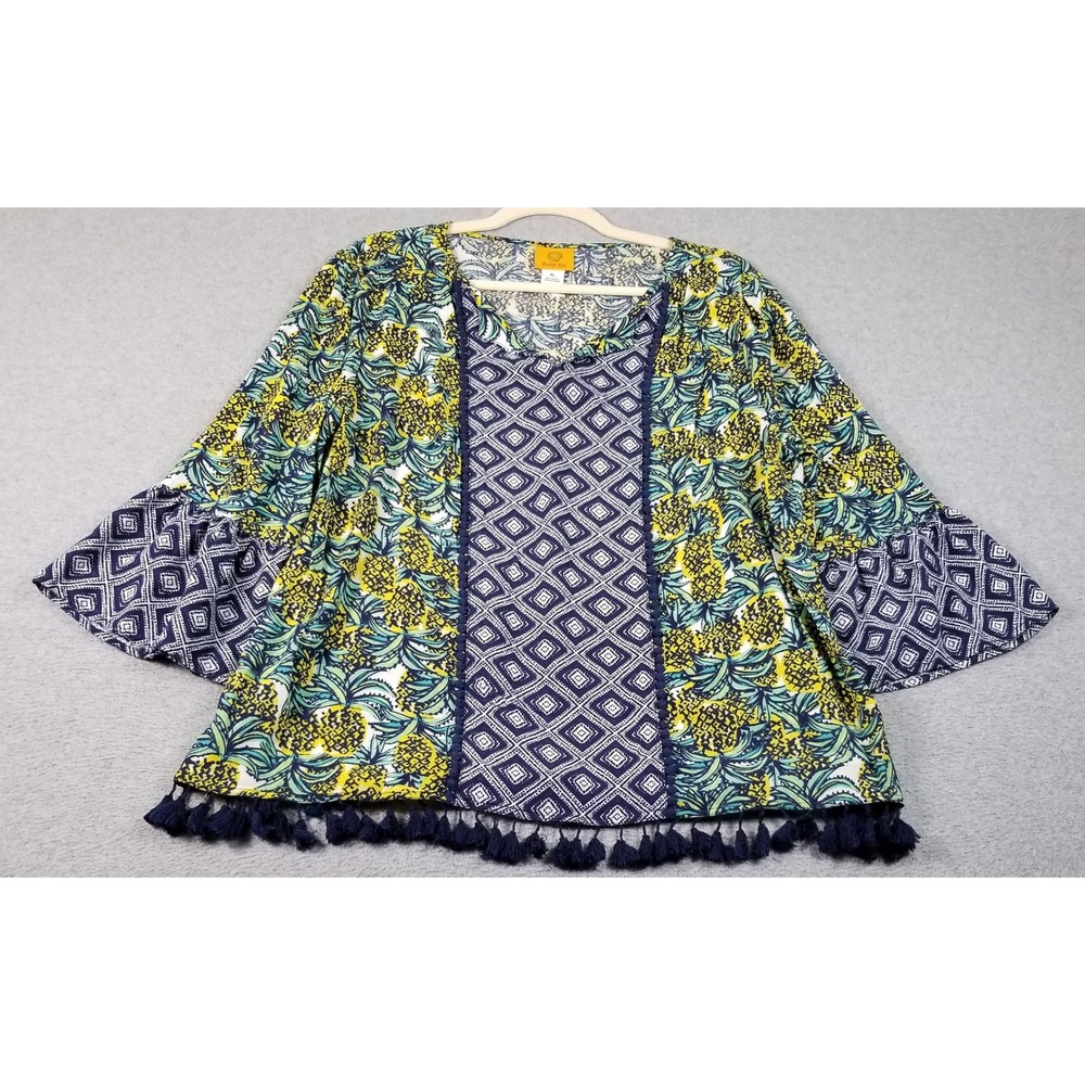 Ruby Rd Tunic Top Womens XL Blue Yellow Pineapple Geo Bell Sleeve Tassel Pom Pom